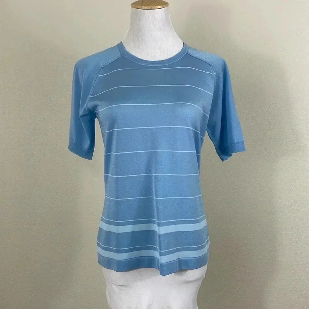 Vintage Montagut Paris‎ blue striped polyamide t-shirt size small